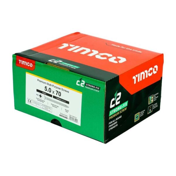5.0 x 70mm Timco C2 Strong Fix PZ Double Countersunk Sharp Point Premium Wood Screw Index Zinc-Yellow (Box of 1000) - Image 2