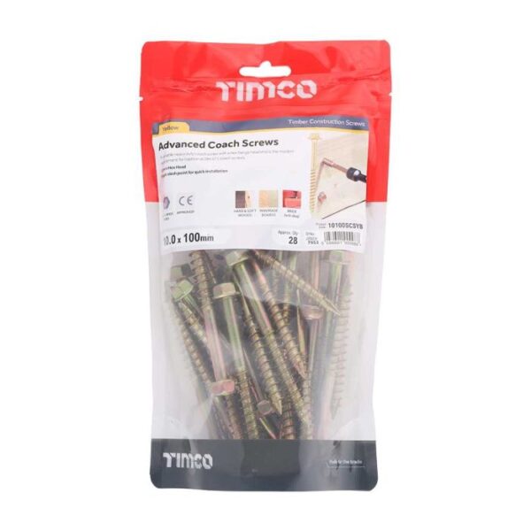 10.0 x 100 mmTimco Advanced Coach Screw Hex Flange - Zinc & Yelow (TIMbag of 28)