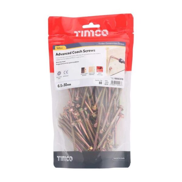 6.0 x 80 mmTimco Advanced Coach Screw Hex Flange - Zinc & Yelow (TIMbag of 80)
