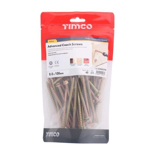 8.0 x 100 mmTimco Advanced Coach Screw Hex Flange - Zinc & Yelow (TIMbag of 40)