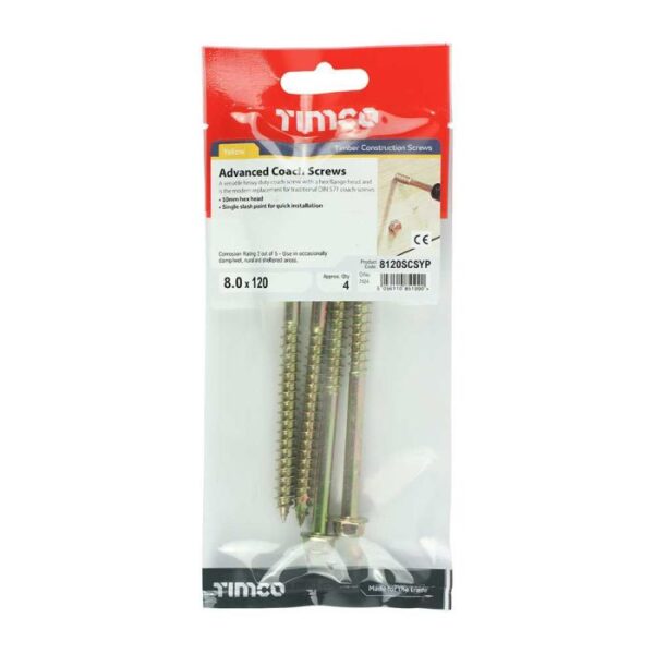 8.0 x 120 mmTimco Advanced Coach Screw Hex Flange - Zinc & Yelow (TIMpac of 4)