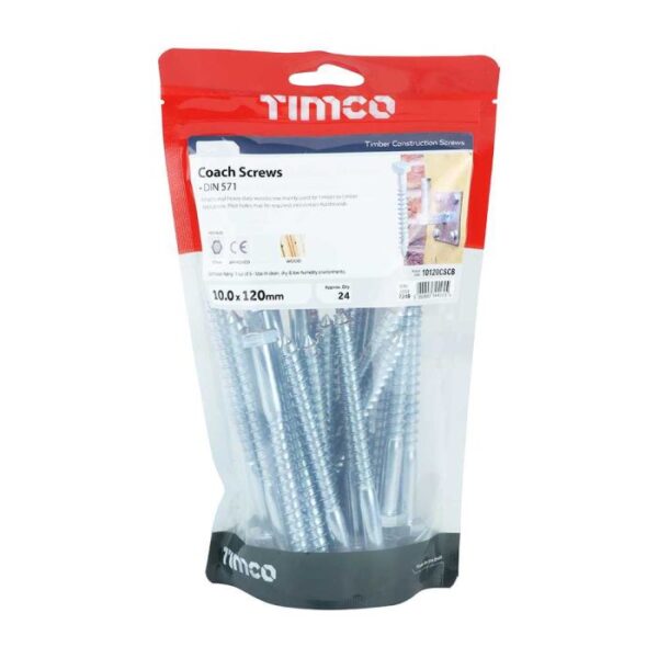 10.0 x 120mm Timco Coach Screw Hex Zinc (TIMbag of 24)