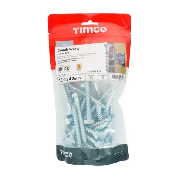 10.0 x 80mm Timco Coach Screw Hex Zinc (TIMbag of 30)