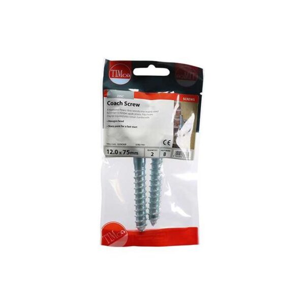 12.0 x 75mm Timco Coach Screw Hex Zinc (TIMpac of 2) - Image 2