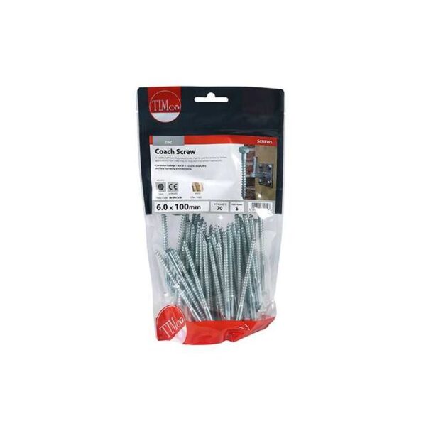 6.0 x 100mm Timco Coach Screw Hex Zinc (TIMbag of 70)