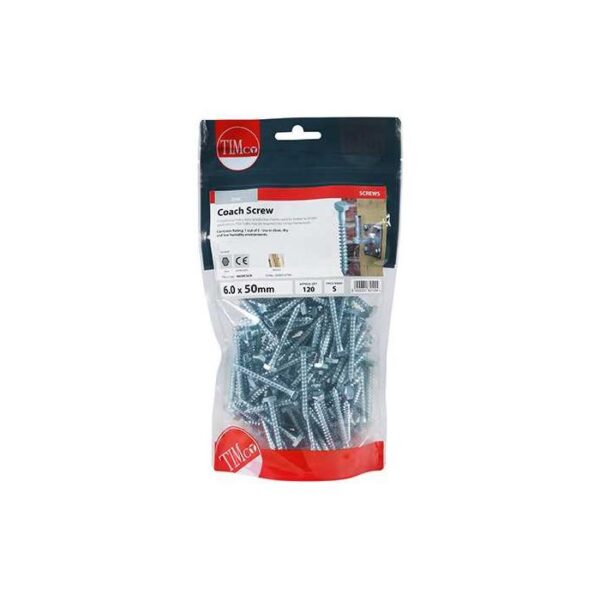 6.0 x 50mm Timco Coach Screw Hex Zinc (TIMbag of 120)