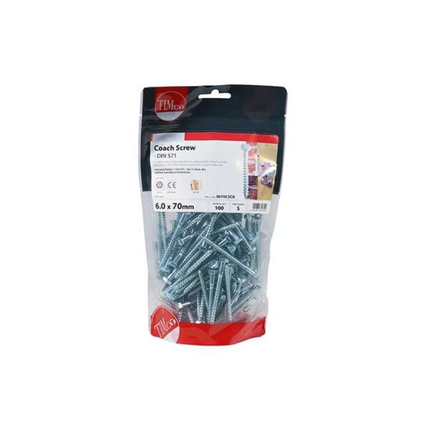 6.0 x 70mm Timco Coach Screw Hex Zinc (TIMbag of 100)