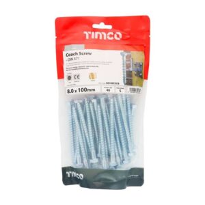 8.0 x 100mm Timco Coach Screw Hex Zinc (TIMbag of 40)