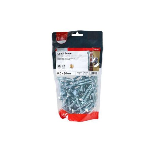 8.0 x 50mm Timco Coach Screw Hex Zinc (TIMbag of 75)