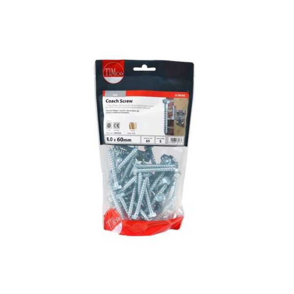 8.0 x 60mm Timco Coach Screw Hex Zinc (TIMbag of 65)