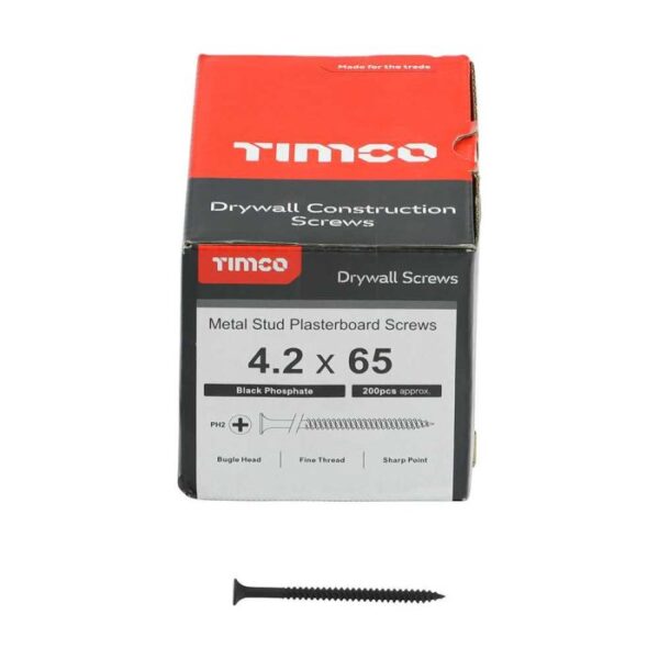 4.2 x 65mm Timco Drywall Screws PH Bugle Fine Thread Black (Box of 200)