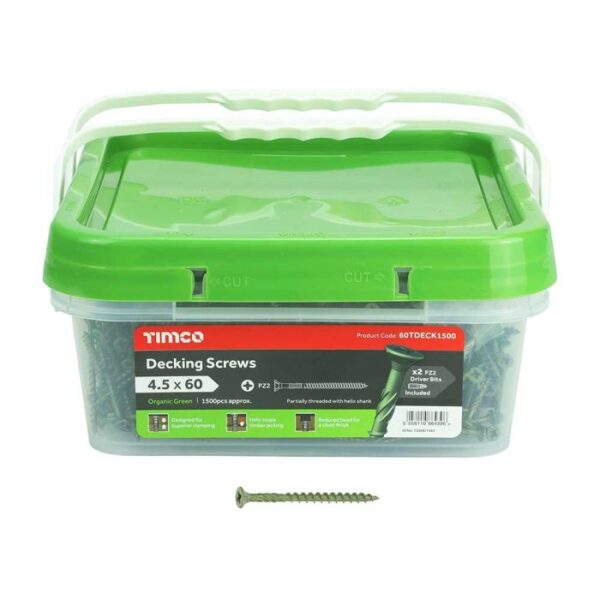 4.5 x 60 Timco Decking Screws PZ Double Countersunk Exterior Green (Tub of 1500)
