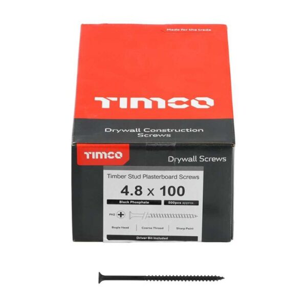 4.8 x 100mm Timco Drywall Screws PH Bugle Coarse Thread Grey (Box of 500)