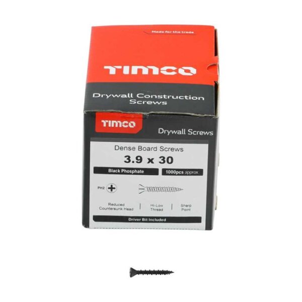 3.9 x 30mm Timco Drywall Dense Board Screws PH Reduced Countersunk High Low Thread Black (Box of 1000)