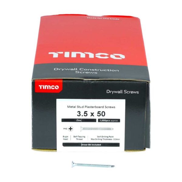 3.5 x 50mm Timco Drywall Screws PH Bugle Self Drilling Zinc (Box of 1000)