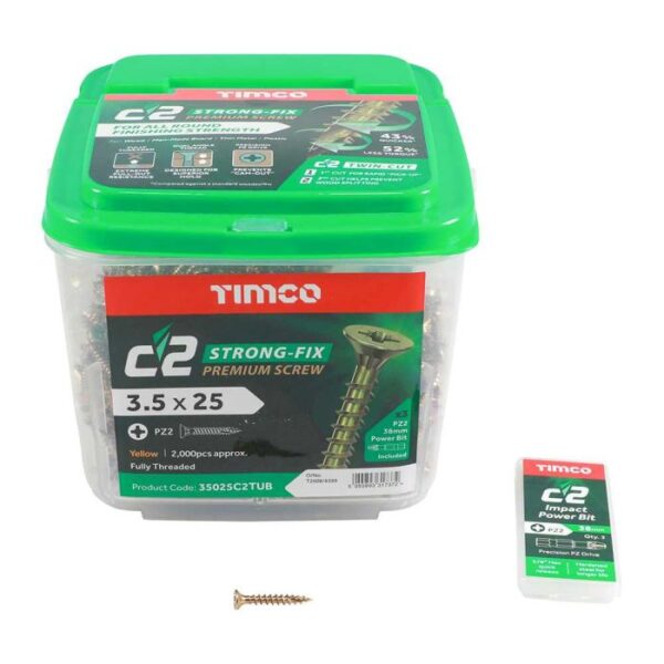 3.5 x 25mm Timco C2 Strong Fix PZ Double Countersunk Sharp Point Premium Wood Screw Zinc-Yellow (Tub of 2000)