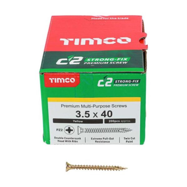 3.5 x 40mm Timco C2 Strong Fix PZ Double Countersunk Sharp Point Premium Wood Screw Zinc-Yellow (Box of 200)