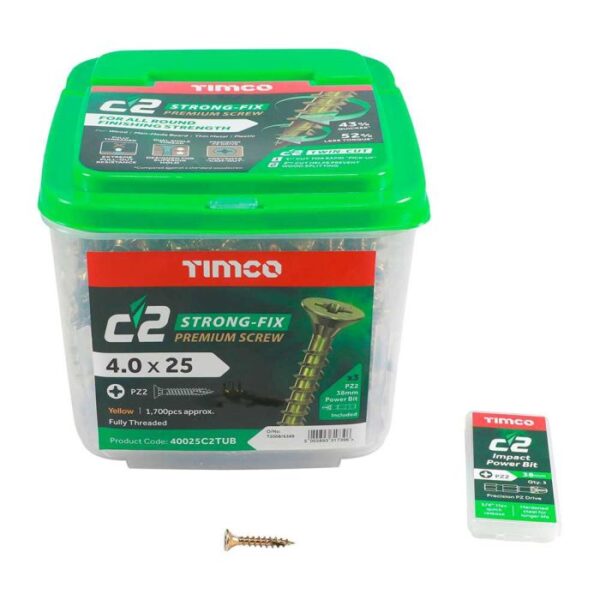 4.0 x 25mm TImco C2 Strong Fix PZ Double Countersunk Sharp Point Premium Wood Screw Tub Zinc-Yellow (Tub of 1700)