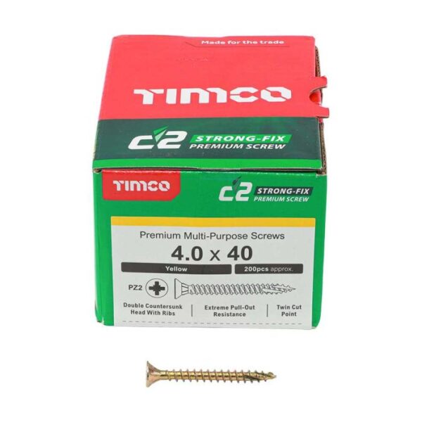 4.0 x 40mm Timco C2 Strong Fix PZ Double Countersunk Sharp Point Premium Wood Screw Zinc-Yellow (Box of 200)