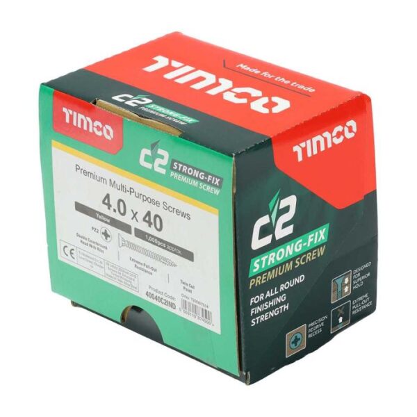 4.0 x 40mm Timco C2 Strong Fix PZ Double Countersunk Sharp Point Premium Wood Screw Index Zinc-Yellow (Box of 1000) - Image 2