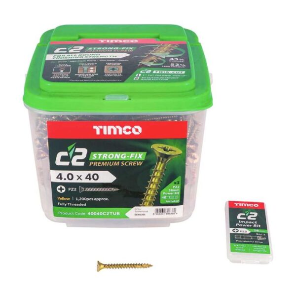 4.0 x 40mm Timco C2 Strong Fix PZ Double Countersunk Sharp Point Premium Wood Screw Zinc-Yellow (Tub of 1200)