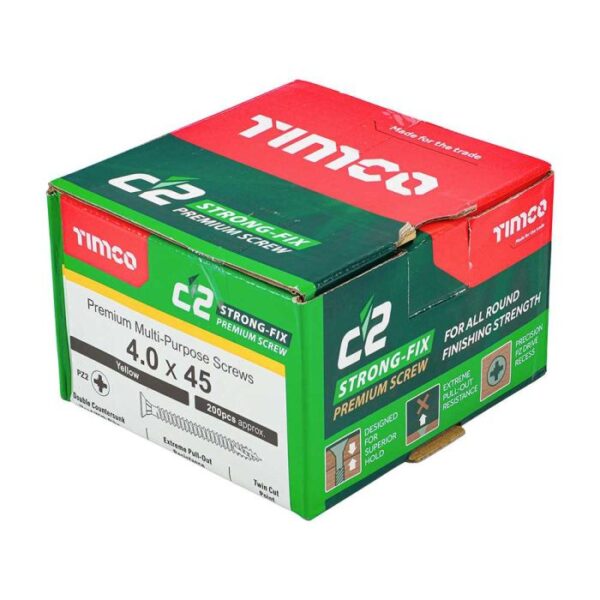4.0 x 45mm Timco C2 Strong Fix PZ Double Countersunk Sharp Point Premium Wood Screw Zinc-Yellow (Box of 200) - Image 2
