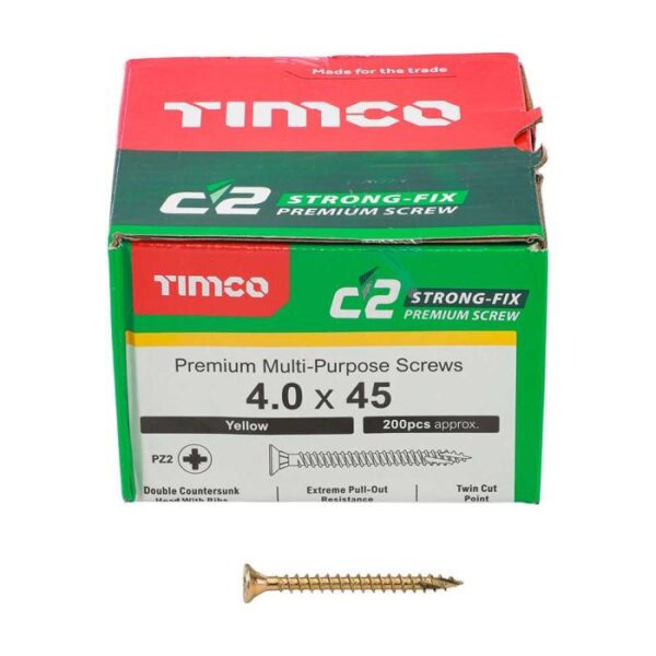 4.0 x 45mm Timco C2 Strong Fix PZ Double Countersunk Sharp Point Premium Wood Screw Zinc-Yellow (Box of 200)