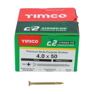 4.0 x 50mm Timco C2 Strong Fix PZ Double Countersunk Sharp Point Premium Wood Screw Zinc-Yellow (Box of 200)