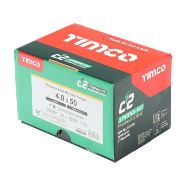 4.0 x 50mm Timco C2 Strong Fix PZ Double Countersunk Sharp Point Premium Wood Screw Index Zinc-Yellow (Box of 1000) - Image 2