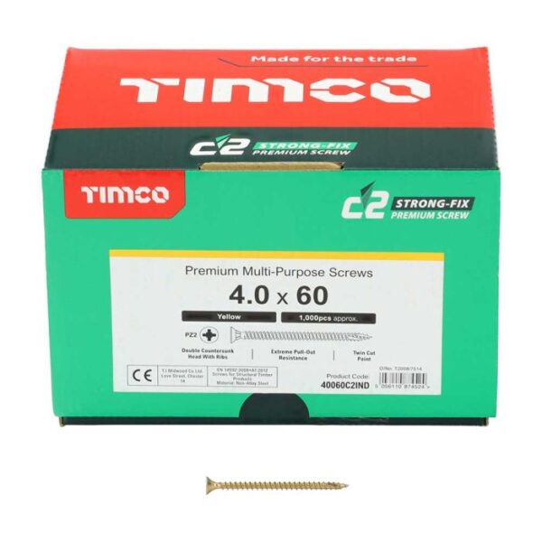 4.0 x 60mm Timco C2 Strong Fix PZ Double Countersunk Sharp Point Premium Wood Screw Index Zinc-Yellow (Box of 1000)