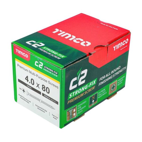 4.0 x 80mm Timco C2 Strong Fix PZ Double Countersunk Sharp Point Premium Wood Screw Zinc-Yellow (Box of 200) - Image 2