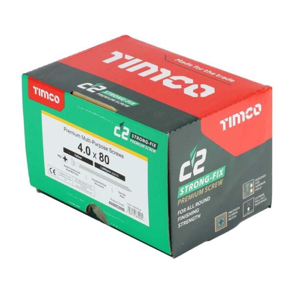 4.0 x 80mm Timco C2 Strong Fix PZ Double Countersunk Sharp Point Premium Wood Screw Index Zinc-Yellow (Box of 1000) - Image 2