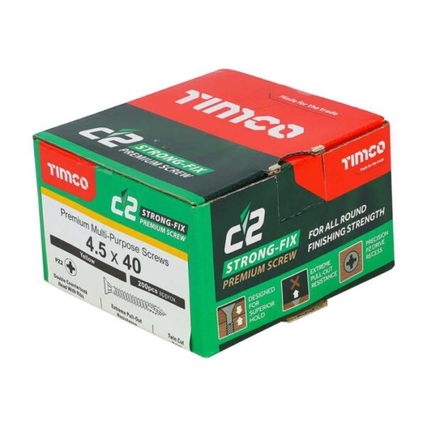 4.5 x 40mm Timco C2 Strong Fix PZ Double Countersunk Sharp Point Premium Wood Screw Zinc-Yellow (Box of 200) - Image 2