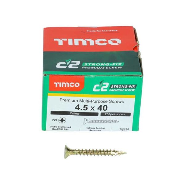 4.5 x 40mm Timco C2 Strong Fix PZ Double Countersunk Sharp Point Premium Wood Screw Zinc-Yellow (Box of 200)