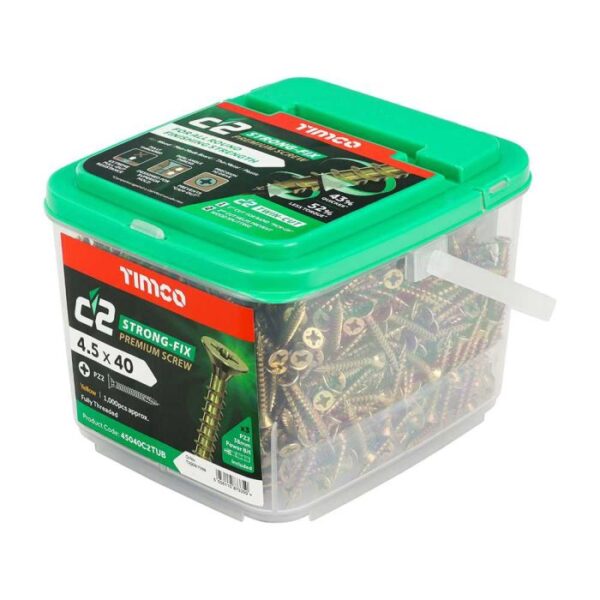 4.5 x 40 mm Timco C2 Strong Fix PZ Double Countersunk Premium Wood Screw Zinc-Yellow (Tub of 1000) - Image 2
