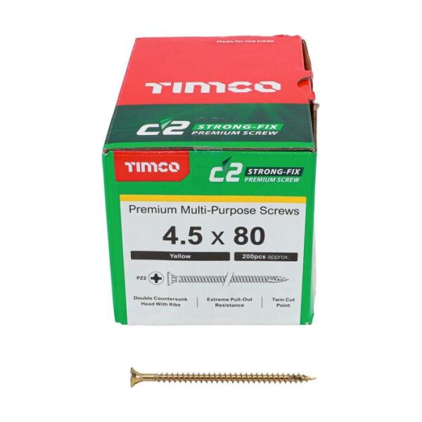 4.5 x 80mm Timco C2 Strong Fix PZ Double Countersunk Sharp Point Premium Wood Screw Zinc-Yellow (Box of 200)