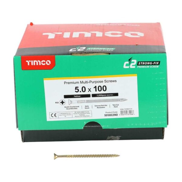 5.0 x 100mm Timco C2 Strong Fix PZ Double Countersunk Sharp Point Premium Wood Screw Index Zinc-Yellow (Box of 1000)