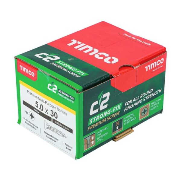 5.0 x 30mm Timco C2 Strong Fix PZ Double Countersunk Sharp Point Premium Wood Screw Zinc-Yellow (Box of 200) - Image 2