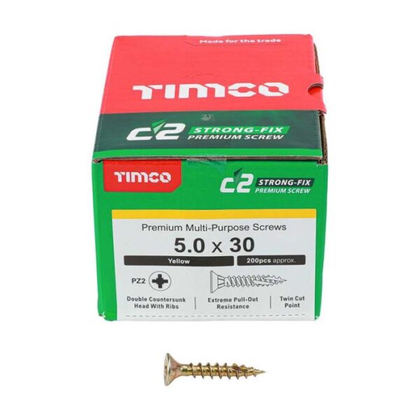 5.0 x 30mm Timco C2 Strong Fix PZ Double Countersunk Sharp Point Premium Wood Screw Zinc-Yellow (Box of 200)