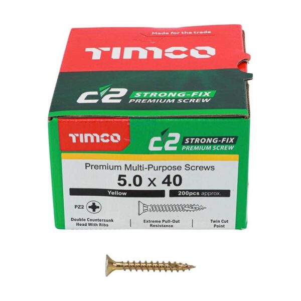 5.0 x 40mm Timco C2 Strong Fix PZ Double Countersunk Sharp Point Premium Wood Screw Zinc-Yellow (Box of 200)