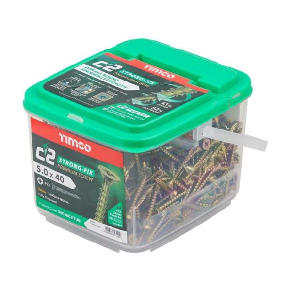 5.0 x 40mm Timco C2 Strong Fix PZ Double Countersunk Sharp Point Premium Wood Screw Tub Zinc-Yellow (Tub of 800)