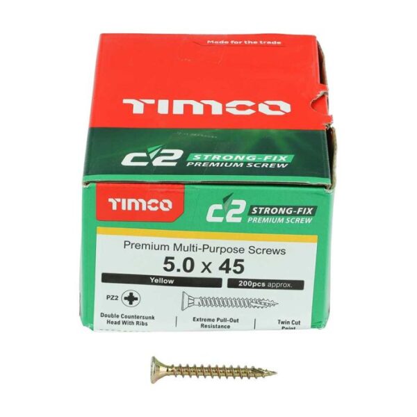5.0 x 45mm Timco C2 Strong Fix PZ Double Countersunk Sharp Point Premium Wood Screw Zinc-Yellow (Box of 200)