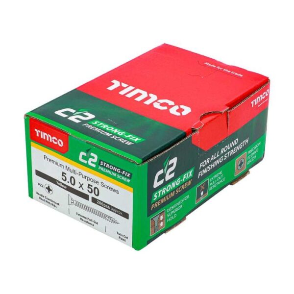 5.0 x 50mm Timco C2 Strong Fix PZ Double Countersunk Sharp Point Premium Wood Screw Zinc-Yellow (Box of 200) - Image 2