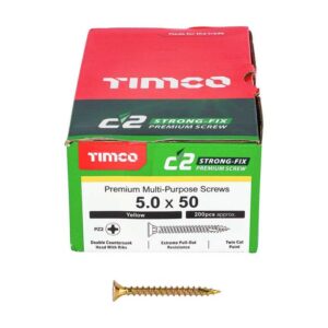 5.0 x 50mm Timco C2 Strong Fix PZ Double Countersunk Sharp Point Premium Wood Screw Zinc-Yellow (Box of 200)