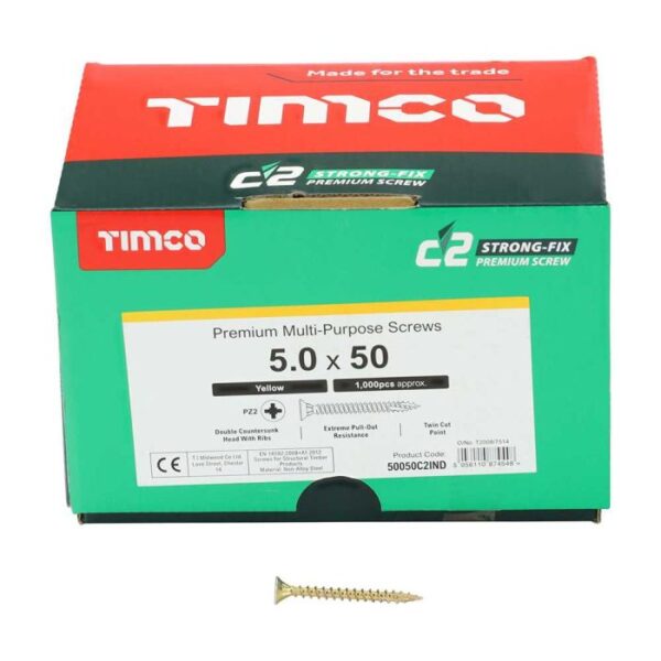 5.0 x 50mm Timco C2 Strong Fix PZ Double Countersunk Sharp Point Premium Wood Screw Index Zinc-Yellow (Box of 1000)