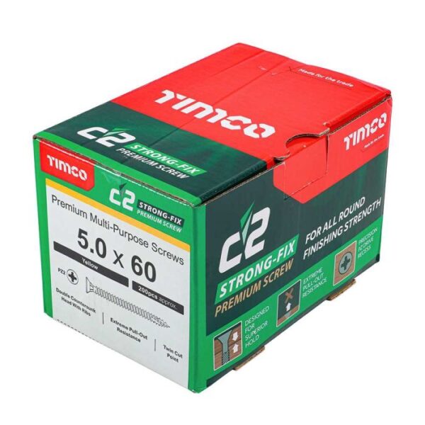 5.0 x 60mm Timco C2 Strong Fix PZ Double Countersunk Sharp Point Premium Wood Screw Zinc-Yellow (Box of 200) - Image 2
