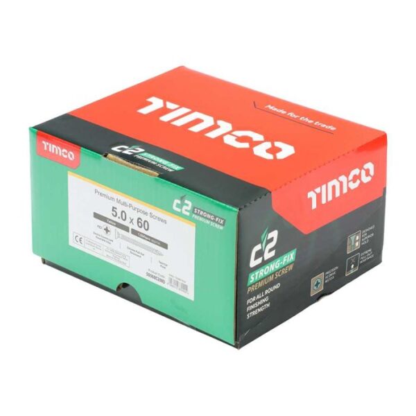 5.0 x 60mm Timco C2 Strong Fix PZ Double Countersunk Sharp Point Premium Wood Screw Index Zinc-Yellow (Box of 1000) - Image 2