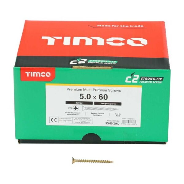 5.0 x 60mm Timco C2 Strong Fix PZ Double Countersunk Sharp Point Premium Wood Screw Index Zinc-Yellow (Box of 1000)