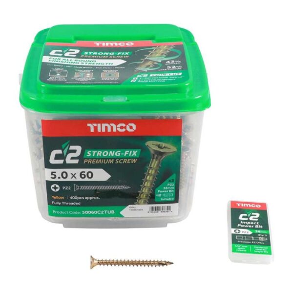 5.0 x 60mm Timco C2 Strong Fix PZ Double Countersunk Sharp Point Premium Wood Screw Tub Zinc-Yellow (Tub of 400)