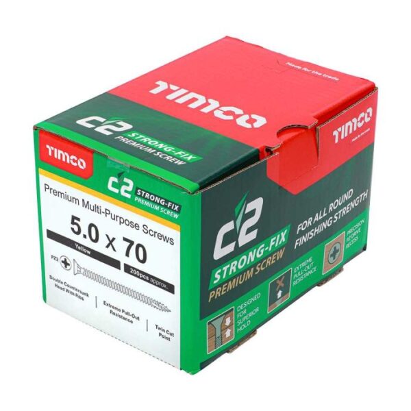 5.0 x 70mm Timco C2 Strong Fix PZ Double Countersunk Sharp Point Premium Wood Screw Zinc-Yellow (Box of 200) - Image 2